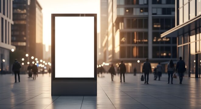 Blank Vertical Digital Signage Billboard Mockup in Modern Urban City Street at Golden Hour