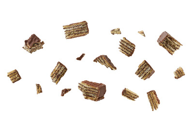 broken chocolate wafers into pieces on a white background. Top view.