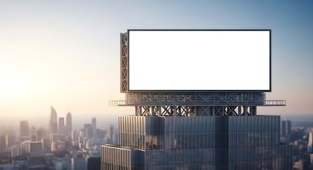 Obraz premium Blank outdoor advertising billboard on a modern skyscraper rooftop with a blurred city skyline at sunrise, perfect for your marketing campaign or branding design.