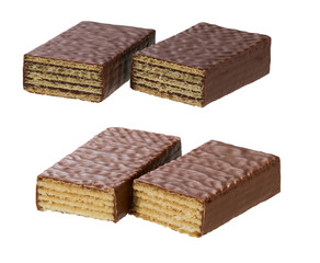 broken sweet chocolate waffles isolated on white background.