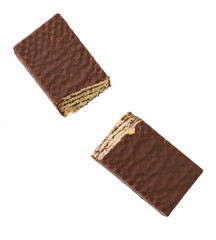 chocolate wafer broken into two pieces isolated on white background. Top view.