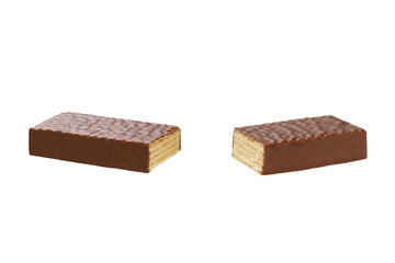 Halves of wafer bar with milk cream and wafer filling isolated on a white background.