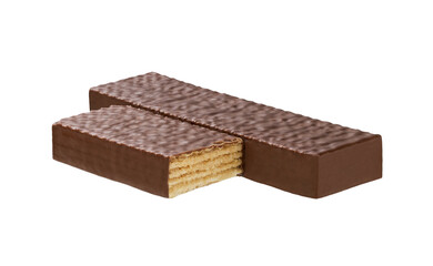 whole and broken chocolate wafers isolated on white background.