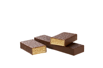 whole and broken chocolate wafers isolated on white background.