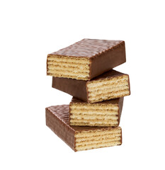 Halves of wafer bar with chocolate coating and milk cream isolated on white background.
