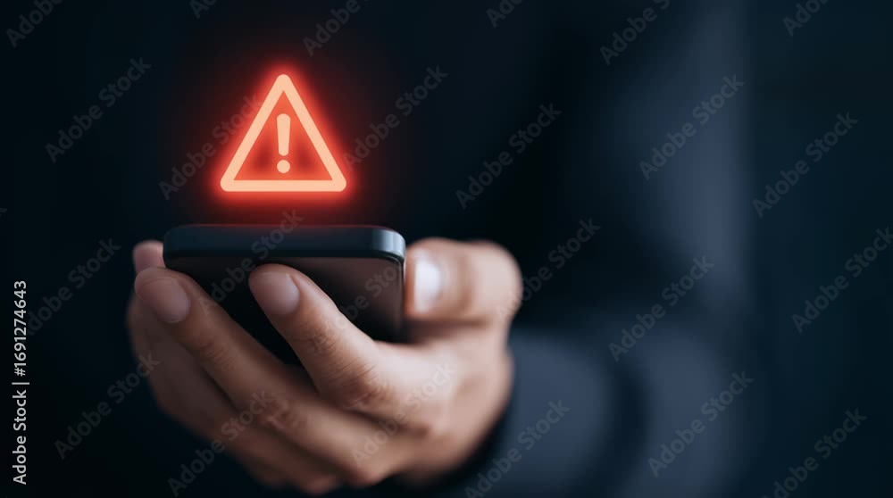 Poster man holding phone with glowing red attention symbol above it, signifying digital security alert. tec