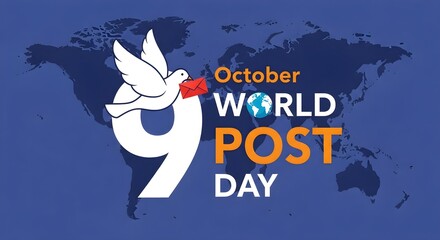 World Post Day October 9th Banner with Peace Dove Delivering Mail Across Global Map