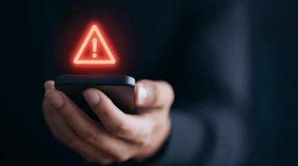 Man holding phone with glowing red attention symbol above it, signifying digital security alert. Tech warning concept. footage. - Powered by Adobe