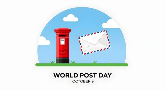 Flat Illustration with Red Post Box and Airmail Envelope - Powered by Adobe