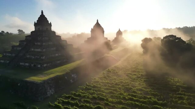 Ancient temple ruins bathed in golden sunrise light with mist and sunbeams, historical architecture surrounded by lush green landscape