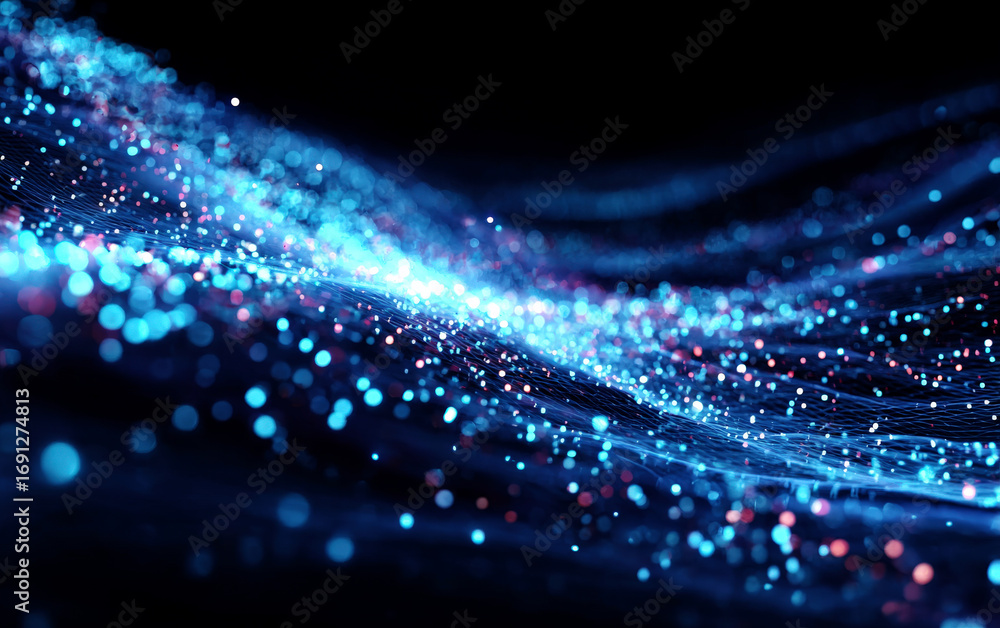 Poster abstract blue glowing particles creating a futuristic wave pattern