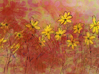 Naklejka premium Abstract distressed vintage floral painting messy ink sketch with neon paint