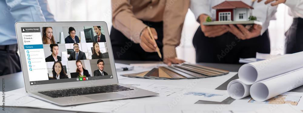 Poster group of interior architect designer discussing together on blueprint and laptop screen display arch