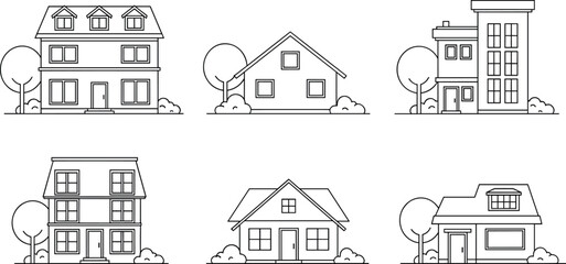 Black and white house illustrations, architectural cartoon set, residential building styles, flat vector, cad drawing, stock image, design theme