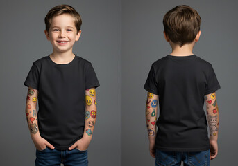 Kids model wearing white plain t-shirt mockup, front and back views with cartoon tattooed arm