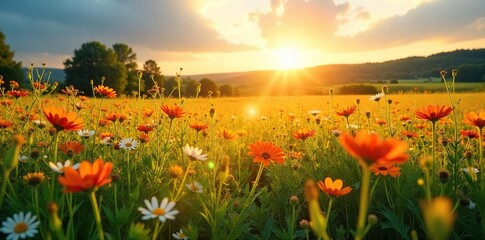 Golden hour sunlight bathes a vibrant summer landscape Fields of wildflowers sway gently in the warm breeze, creating a picturesque scene of idyllic summer bliss , flowers, sunbeams