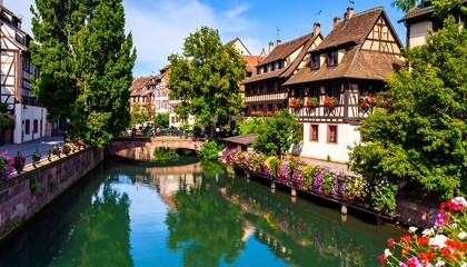 Fototapeta premium European canal town with colorful flowers and charming houses