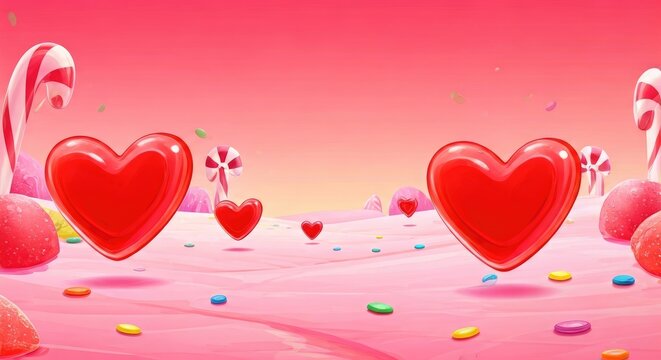 Candy hearts float in a sugary landscape