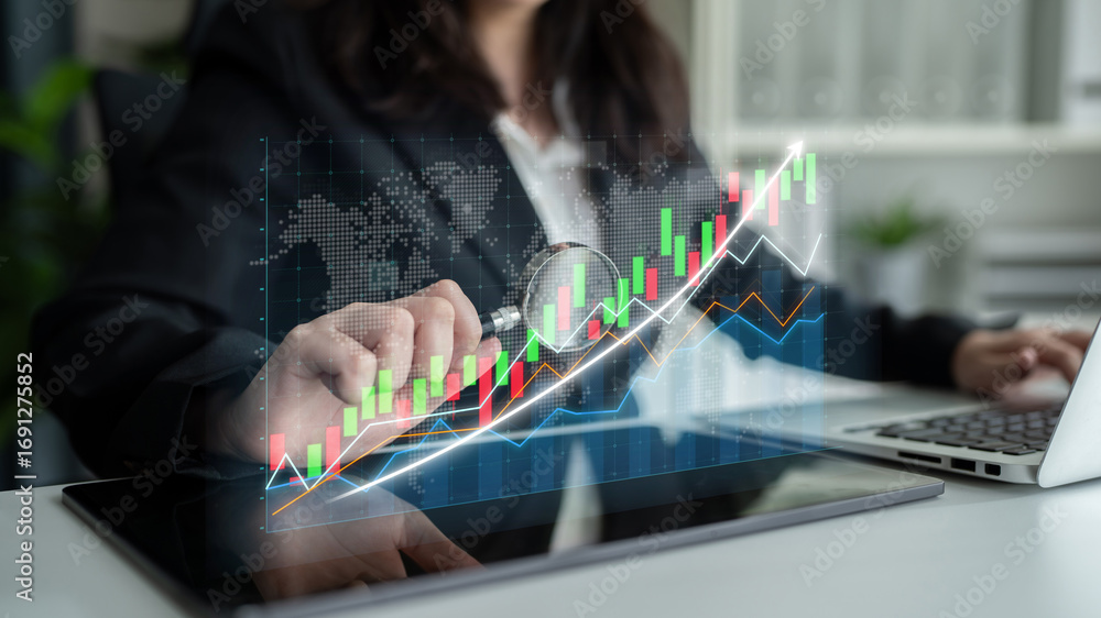 Poster business professional examines financial trends using a magnifying glass, highlighting data insights