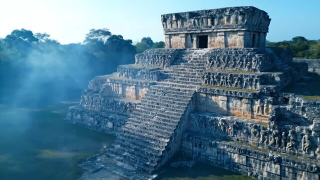 Closeup aerial view of a grand ancient mayan pyramid with intricate stone carvings, partially obscured by ethereal morning mist