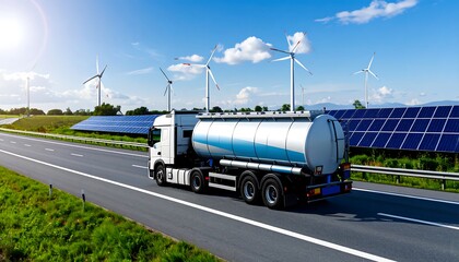 A white and blue tanker truck drives along a highway with solar panels and wind turbines in the background, under a sunny blue sky. Green grassy strips line the road's edge