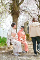 Obraz premium Three women in kimonos are sitting on a bench in a park. One of them is wearing a pink kimono