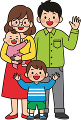 Happy cartoon family with baby and children, cheerful character pose, flat vector, cad drawing, stock image, parenting theme