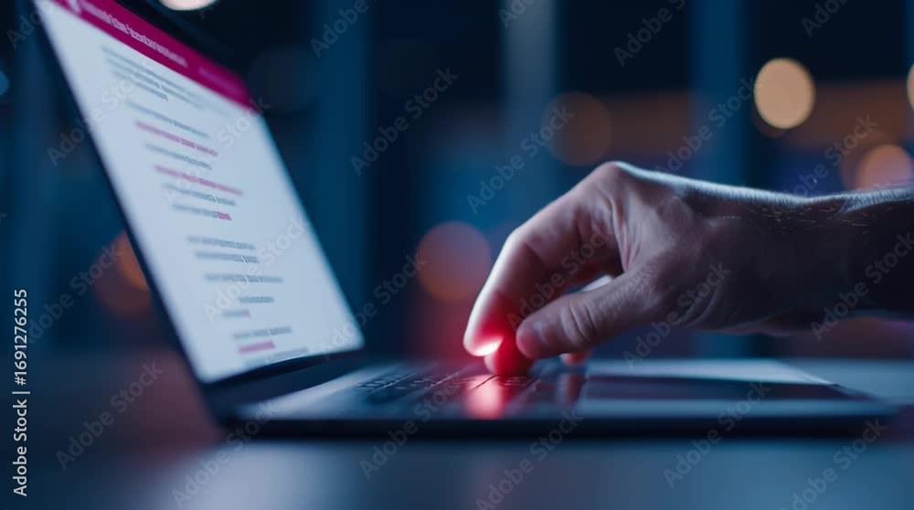 Aufkleber male hand typing on laptop keyboard with glowing red key during night work session, demonstrating se