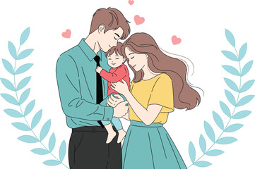 Loving cartoon family illustration, parents with child in affectionate pose, flat vector, cad drawing, stock image, bonding and care theme