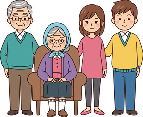 Multigenerational cartoon family gathering, elderly and young adults illustration, flat vector, cad drawing, stock image, bonding and care theme