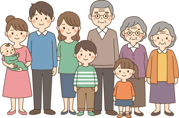Multigenerational cartoon family portrait, cheerful character group illustration, flat vector, cad drawing, stock image, togetherness and bonding theme