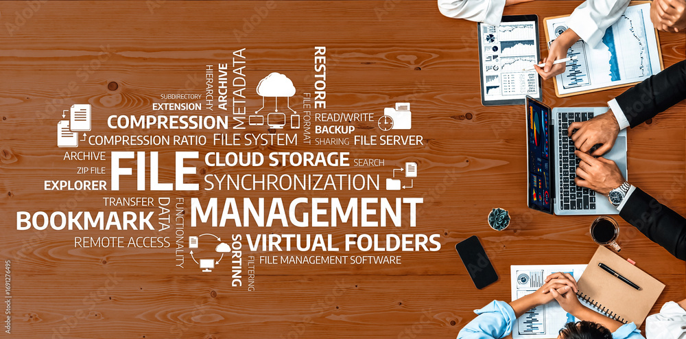 Poster this image illustrates various aspects of file management, focusing on cloud storage, synchronizatio