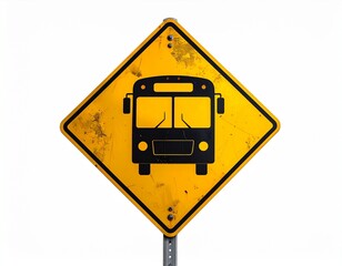 An old, weathered yellow diamond-shaped bus stop warning sign isolated on a white background, symbolizing public transit and road safety.