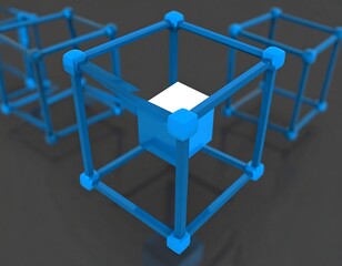 Interconnected blue cubes on a dark gray background