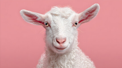 Fototapeta premium Adorable white baby goat with curious big eyes and fluffy curly wool smiles gently on a soft pink background, perfect for spring campaigns.