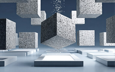 Abstract concrete cubes floating in a modern geometric space