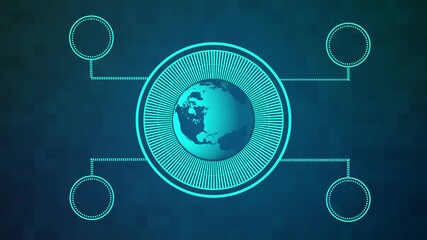 Animated business concept on blue background with earth globe and icons, representing strategy, innovation, teamwork, and financial growth for success in global market - Powered by Adobe