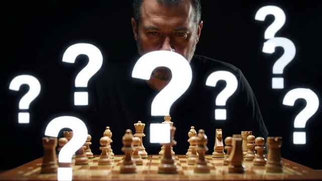 Man plays chess, question marks loom, dark background, strategy concept