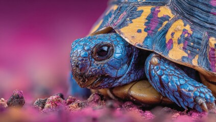Obraz premium Vibrant close-up of a colorful tortoise with a striking blue and yellow shell, resting on a bed of purple granules.