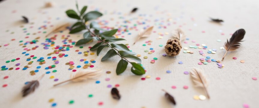 Celebration-inspired accents like colorful confetti, feathers, or tropical garlands