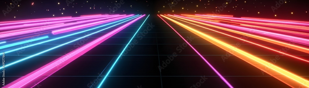 Poster a vibrant array of neon lines converge on a dark, gridded surface, creating a dynamic and futuristic