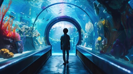 Fototapeta premium Person inside transparent tunnel observing underwater life in blue aquarium