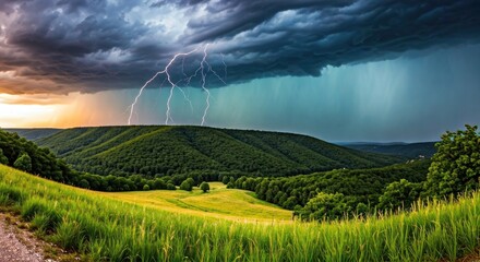 Dramatic storm clouds over a valley. Lush green hills and fields beneath a stormy sky