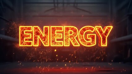 Fiery text of the word ENERGY with sparks and a dark industrial background.