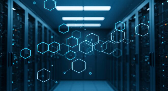 Futuristic data center with glowing hexagonal network connections symbolizing digital information flow and advanced technology. - Powered by Adobe