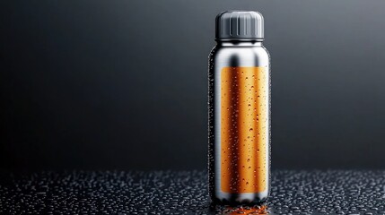 Sleek metallic water bottle with an orange label covered in condensation on dark wet surface