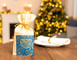 Gift bag with menorah design on a wooden table, blurred Christmas tree background