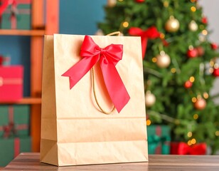 Gift bag with red bow in front of Christmas tree