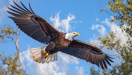 Fototapeta premium Bald Eagle in Flight over Trees