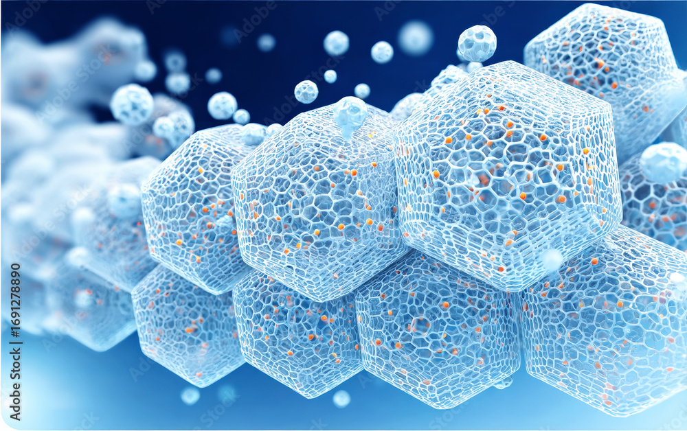 Poster close-up view of molecular structure with spherical particles